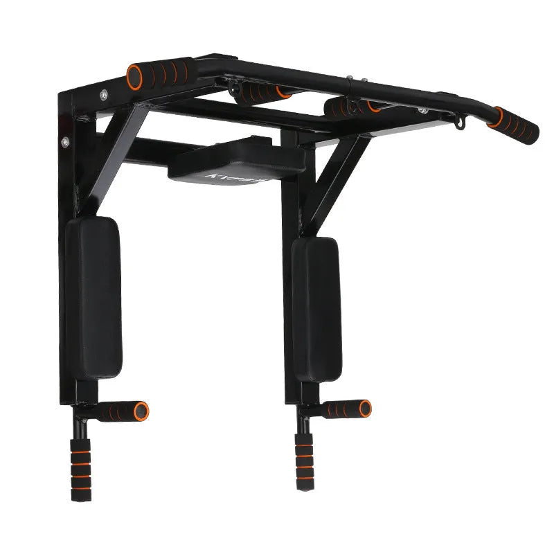 Black wall-mounted sandbag storage rack with integrated parallel bars for pull-up exercises