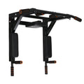 Black wall-mounted sandbag storage rack with integrated parallel bars for pull-up exercises