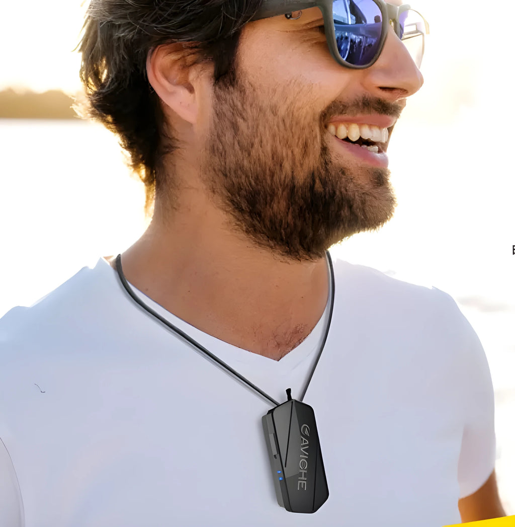 Black plastic air purifier necklace measuring 80mm by 37mm by 24mm