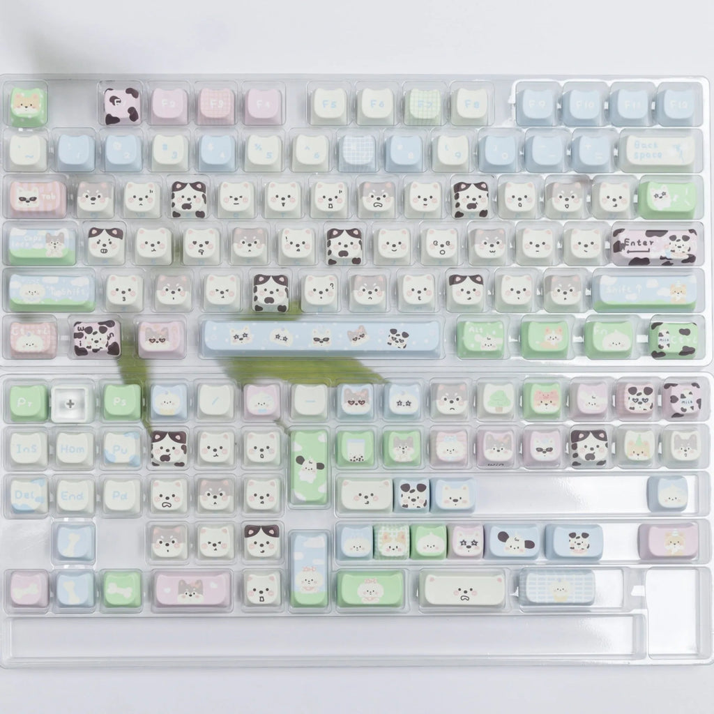 PBT key cap set with cat and puppy sublimation design for mechanical keyboards