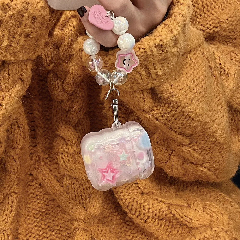 Pink transparent silicone AirPods case with three-dimensional five-pointed star design and star hand rope