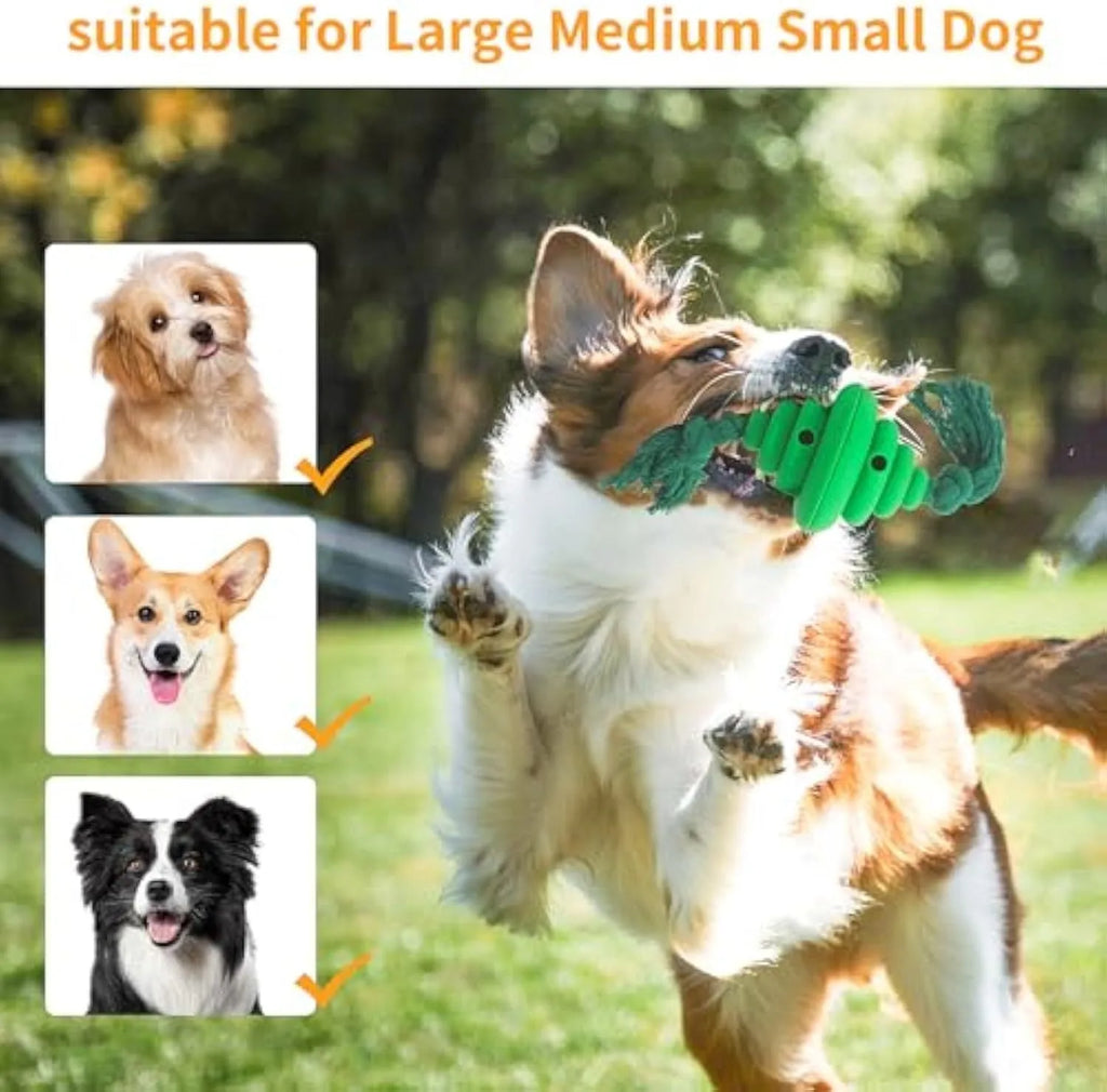 Green and yellow silicone dog ball with attached rope for tug-of-war and treat dispensing