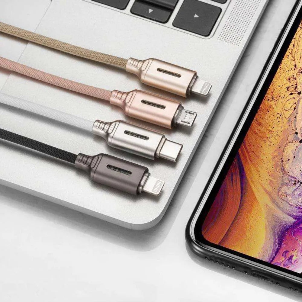 Fabric braided USB fast charging cable 1 metre long in black, white, gold, or pink colour