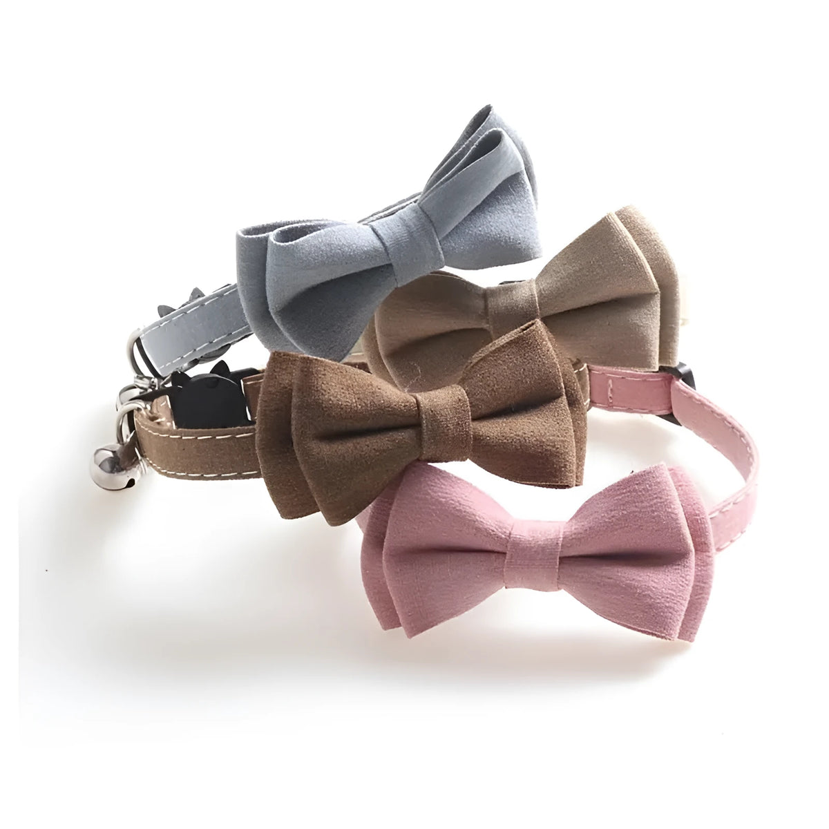 Solid colour cloth pet collar, 1.0cm by 28cm, shown in brown, light blue, light grey and pink options