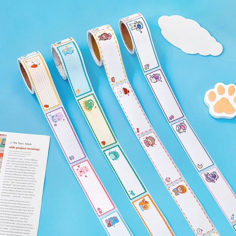 Roll of colourful cartoon stickers showing Dinosaur, Astronaut, Rabbit, and Girl design options