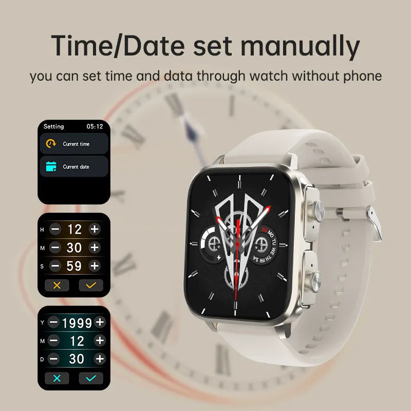 Black two-in-one Bluetooth smart watch with TFT touchscreen and headset for calls, heart rate and blood pressure monitoring