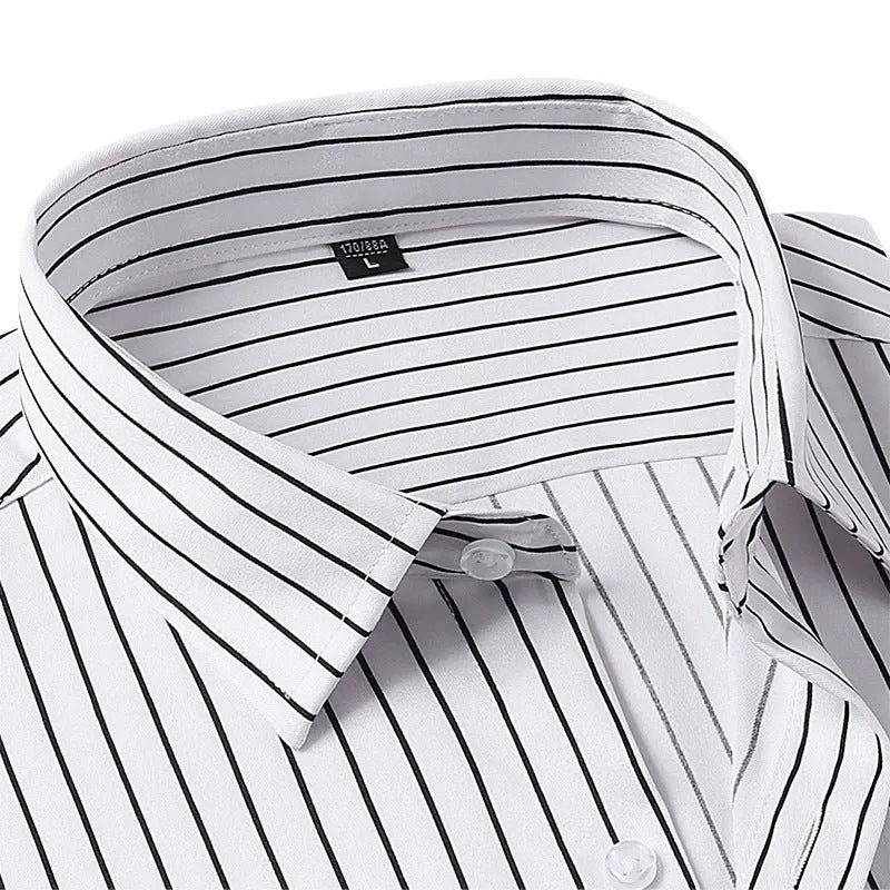 Men's slim fit striped long sleeve business shirt in a cardigan style on a hanger.