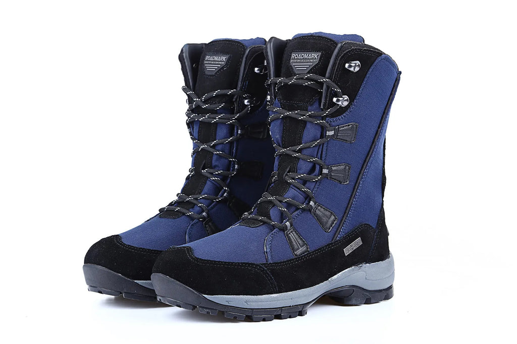 Women's black mid-calf leather snow boot with a textured non-slip rubber sole.
