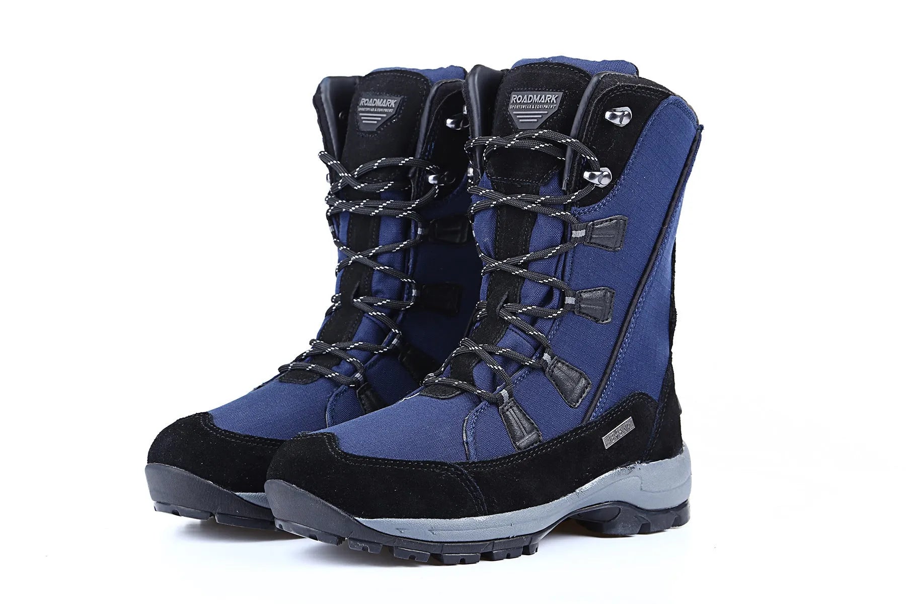 Women's black mid-calf leather snow boot with a textured non-slip rubber sole.