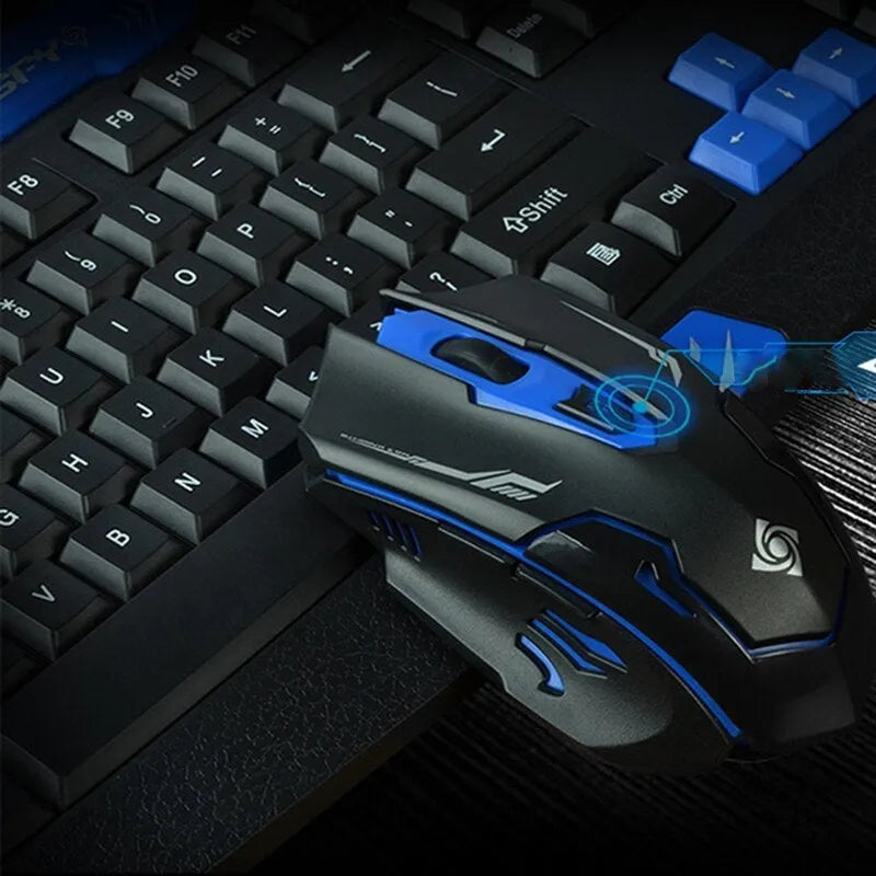 HK8100 black and blue wireless keyboard and mouse combo with 1200dpi optical mouse and USB receiver