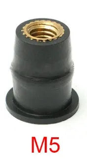 Motorcycle black rubber well nut fasteners with brass nuts in M4, M5, M6 sizes.