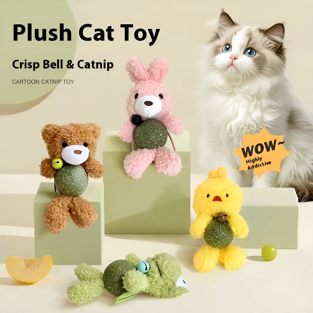 Plush catnip toy shaped as animal character with internal bell and mint ball