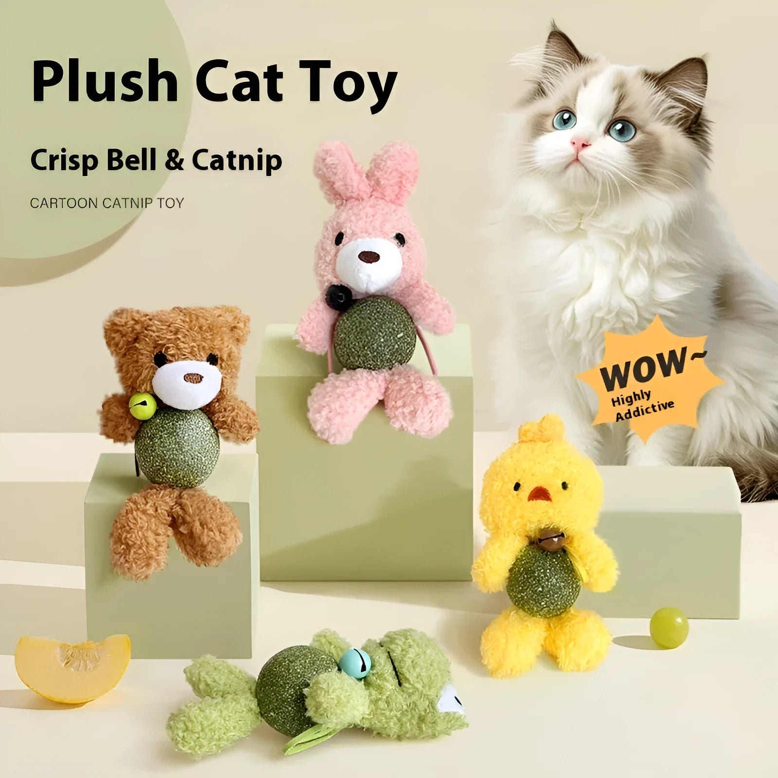 Plush catnip toy shaped as animal character with internal bell and mint ball