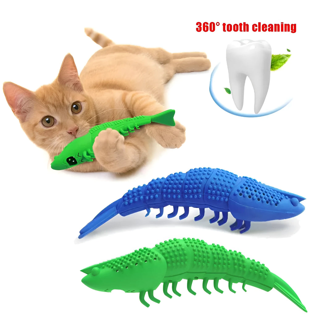 Blue hard rubber catnip toy with dental cleaning texture and bell inside