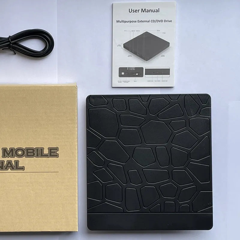 Black 5-in-1 external optical drive with dual interface, 15.4x14.3x1.8cm, for laptop and desktop CD DVD reading and recording