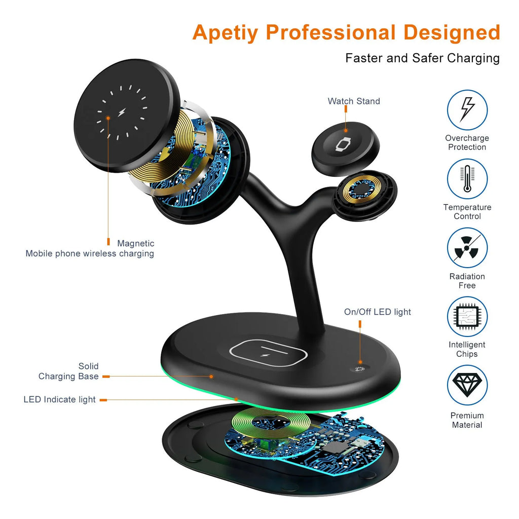 Black three-in-one magnetic wireless charging pad for smartphones and tablets.