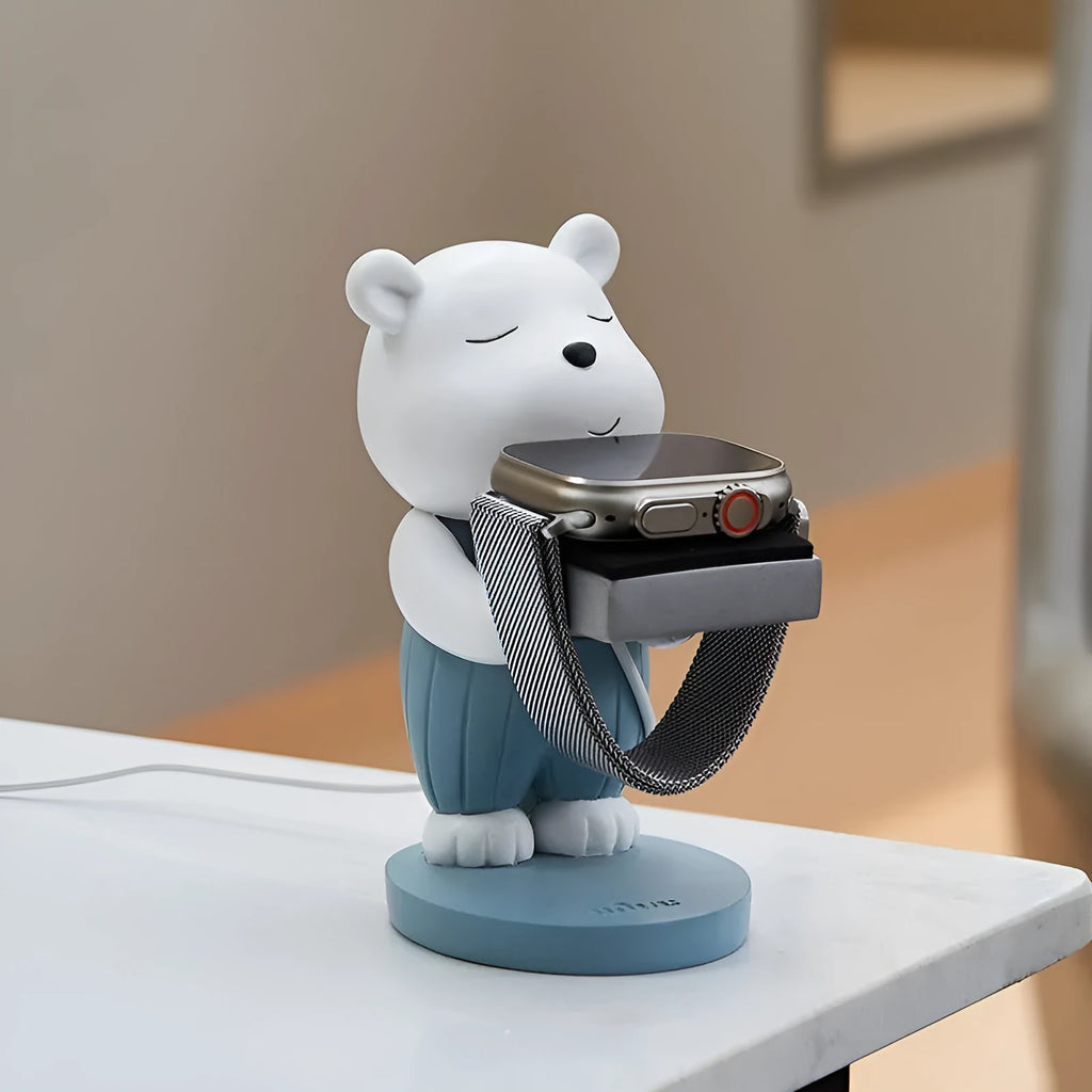 Cartoon baby bear resin watch charger bracket with square support base for bedside table or desk