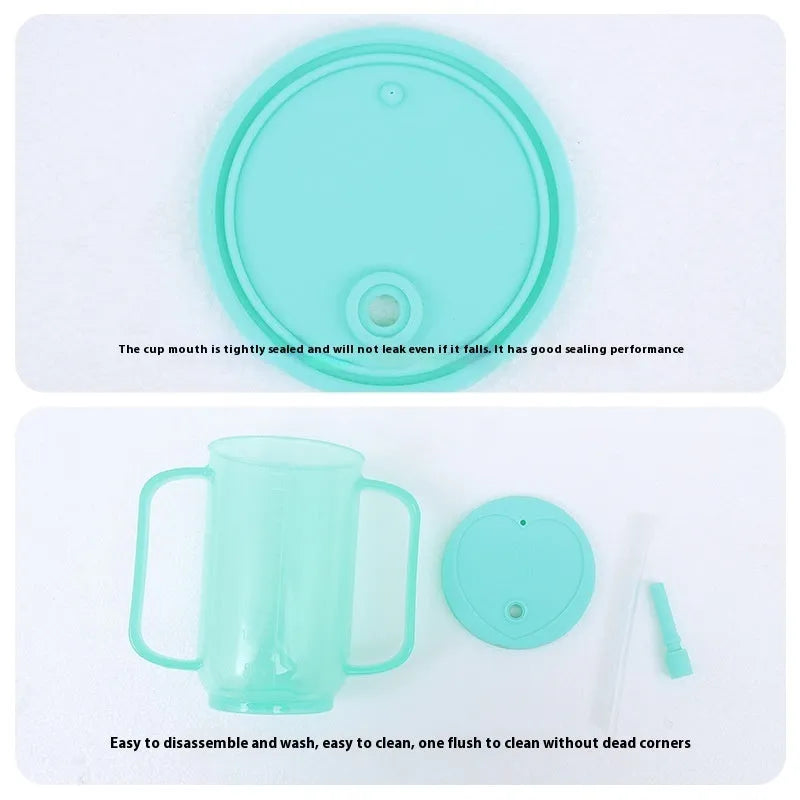 Angled spout choke-proof drinking cup with handle and lid for bed-bound users