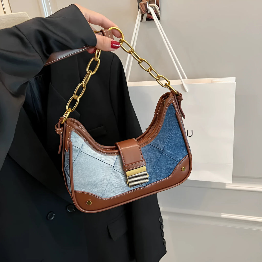 Brown soft denim women's bucket shoulder bag with diamond mesh and chain strap.