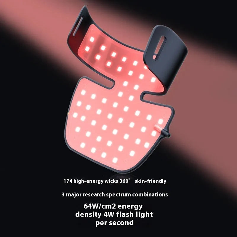 Black LED photon beauty mask with neck extension showing four-colour light therapy panels