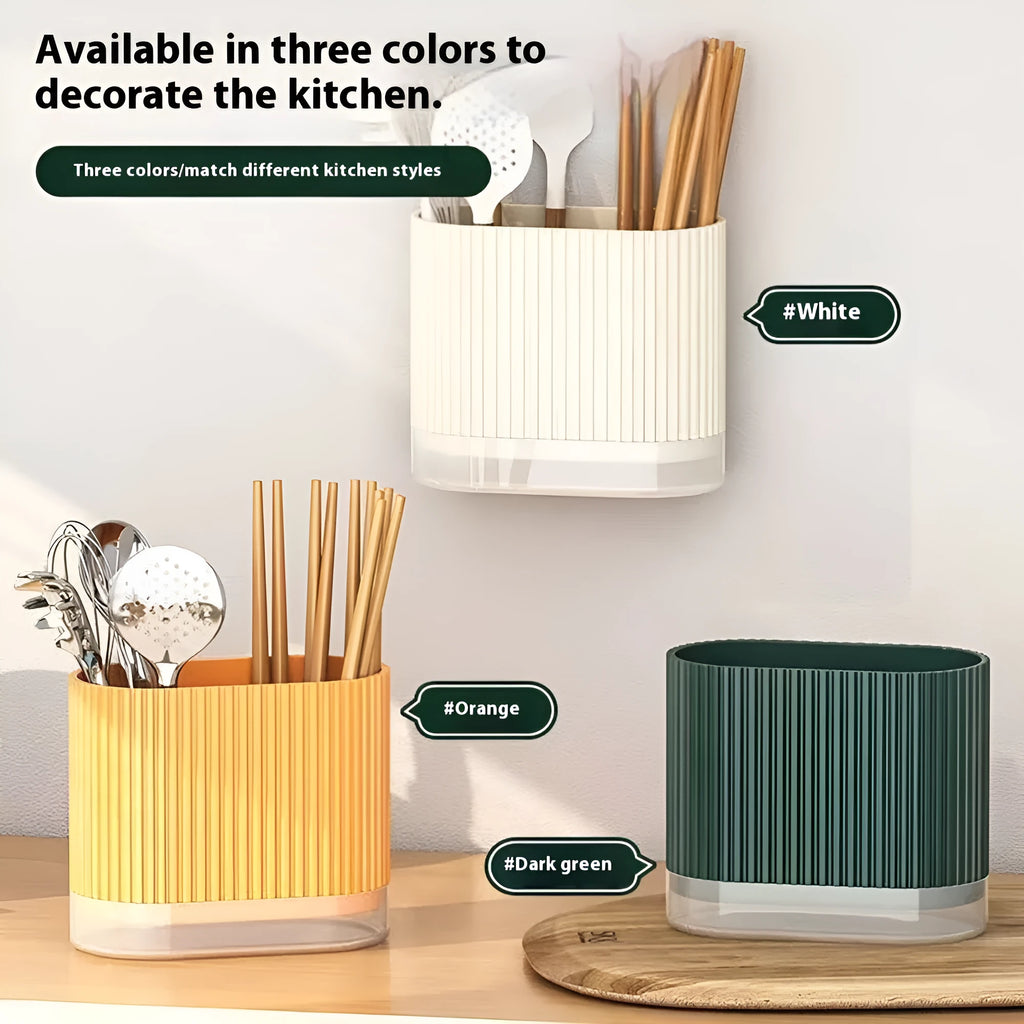 Plastic wall-mounted chopsticks basket with spoon holder in beige, dark green, or orange showing cross-border drainage design