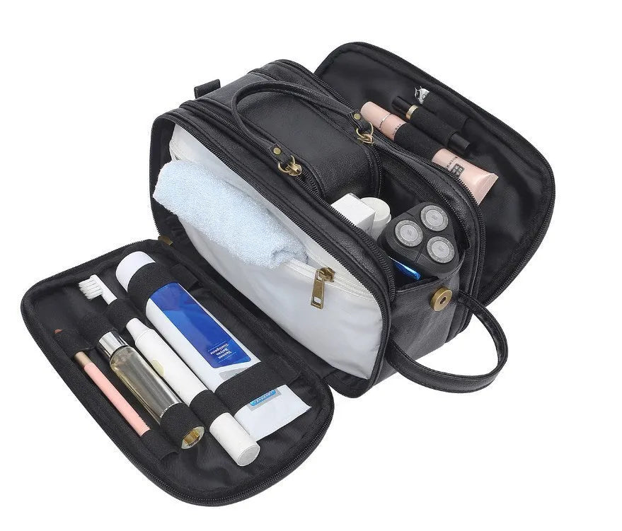 Men's black toiletry travel bag made from Pu material with solid colour design