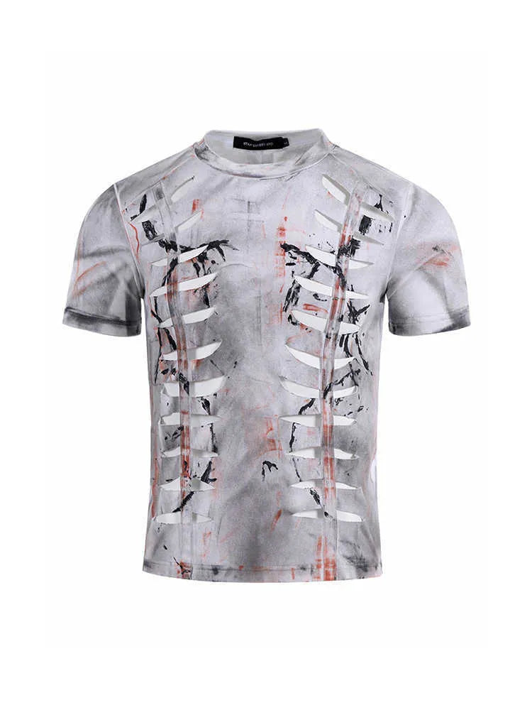 White men's cotton t-shirt with cut-out hollow-out detailing on short sleeves