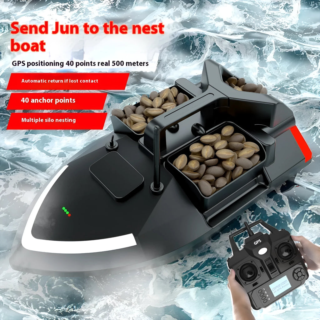 GPS positioning remote control fishing boat in luminous yellow with remote control unit and handbag