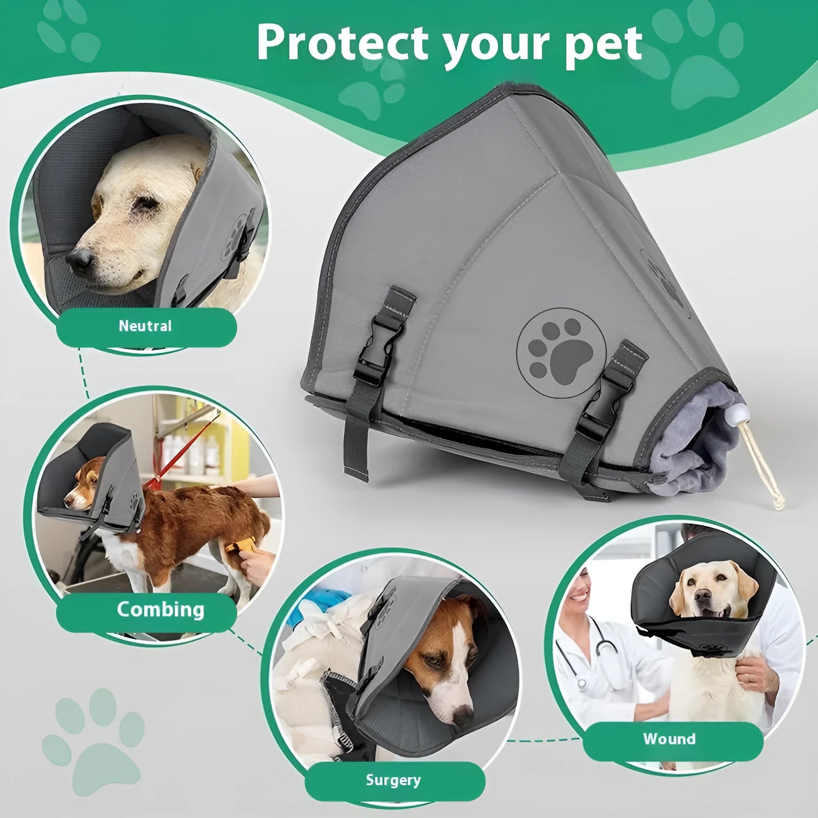 Adjustable polyester pet sterilization collar shown in three sizes L, M, XL for dog and cat recovery.