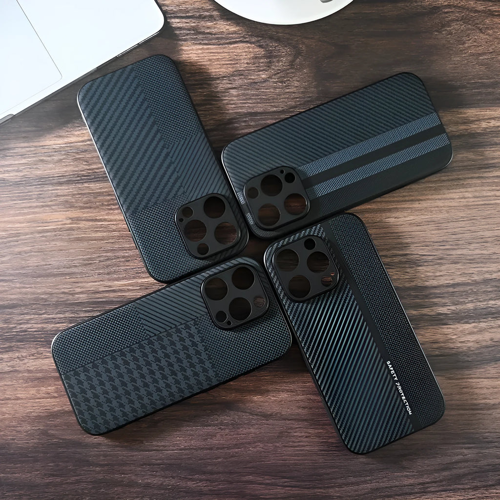 Black imitation leather iPhone case with shockproof and fingerprint-proof features, available in four pattern designs.
