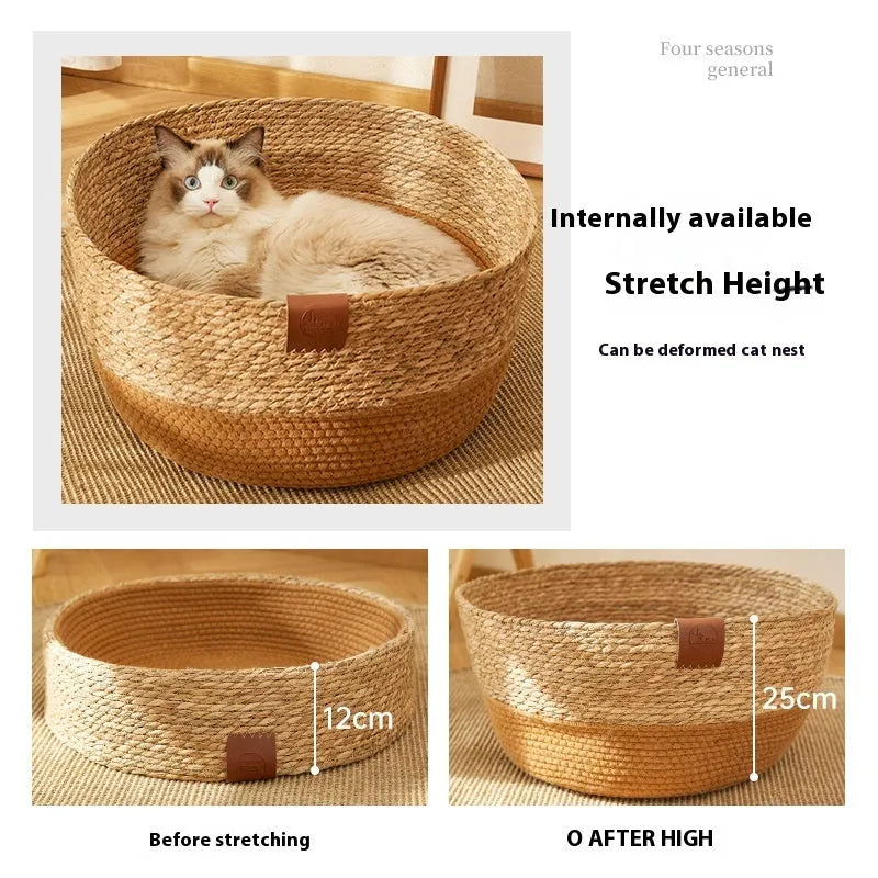 PE rattan cat litter and scratch board integrated nest bed in dark green or brown, sizes S 35x10cm, M 40x11cm, L 48x12cm
