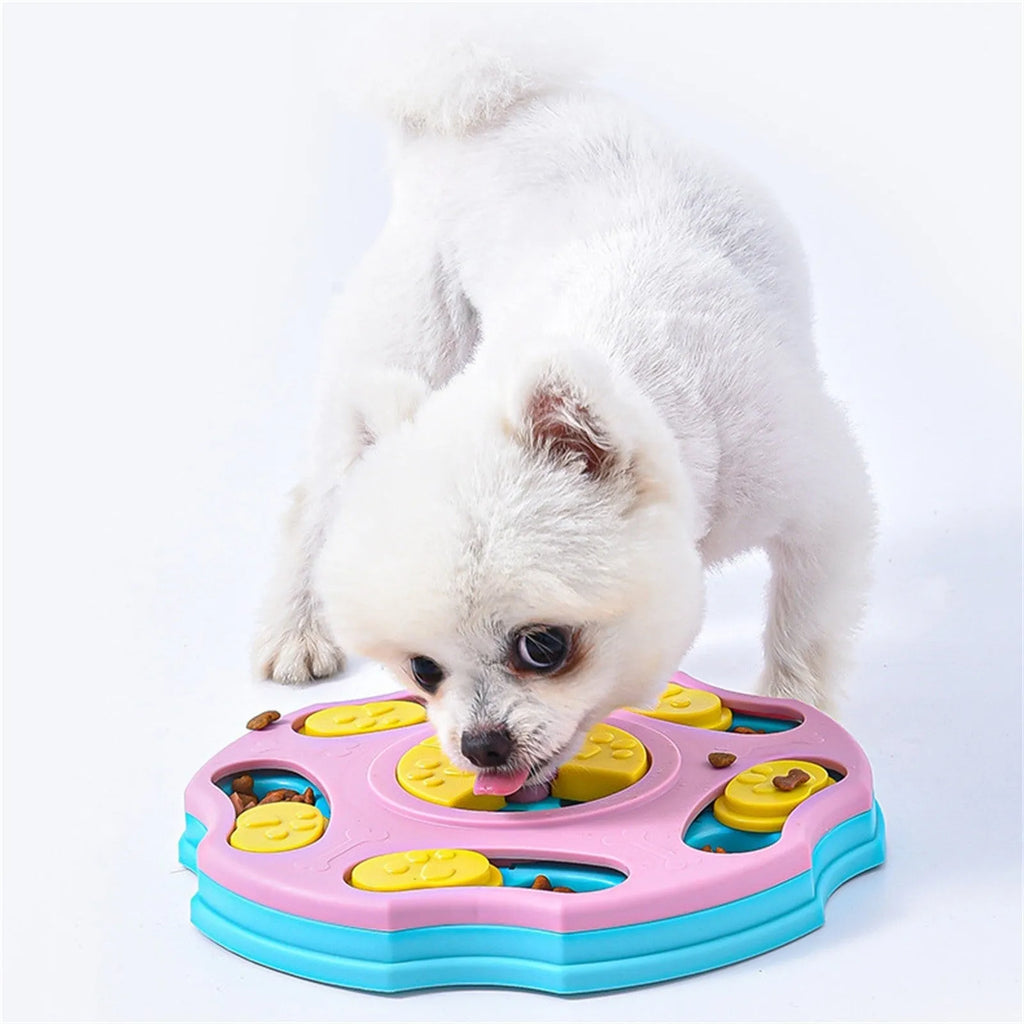 Blue and pink dog puzzle toy showing food bowl and interactive searching game design for aggressive chewers.
