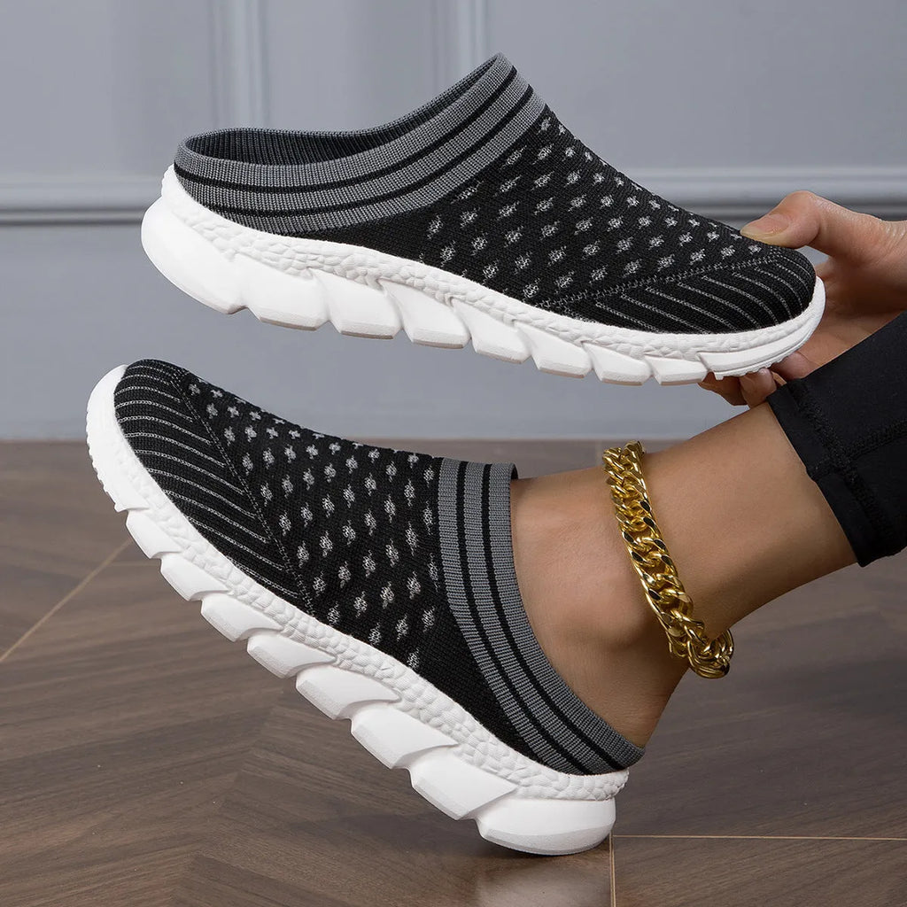 Women's black striped Flyknit casual slipper shoes with hollowed-out design and height increasing sole.