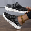 Women's black striped Flyknit casual slipper shoes with hollowed-out design and height increasing sole.
