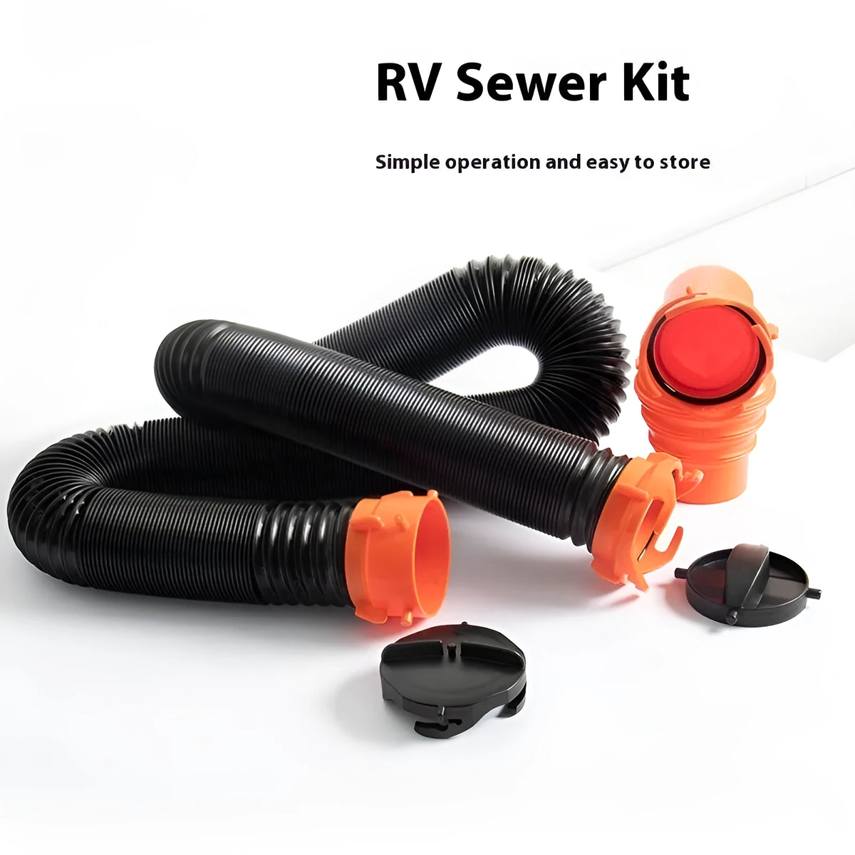 Brown 90-degree rotary elbow joint for sewage hose connected to a long polypropylene pipe.