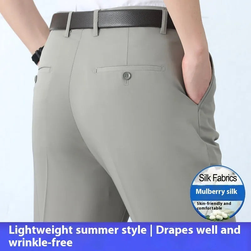 Men's straight-cut non-iron business trousers in a mulberry silk blend fabric on a hanger.