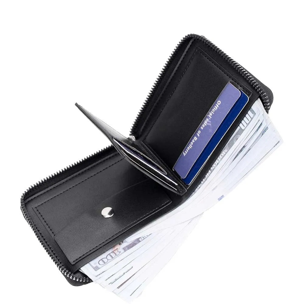 Black leather credit card wallet with embossed pattern and anti-theft zipper closure