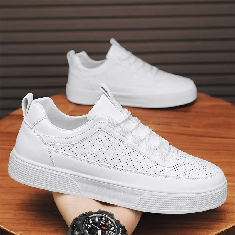 Thick bottom board shoes in white, lace-up low-top casual sneaker with round toe and flat heel, sizes 39-46.