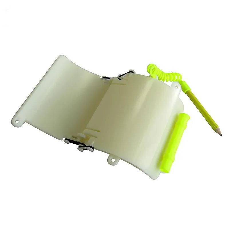 White luminous underwater writing board mounted on diving wrist with pencil and spare O-ring