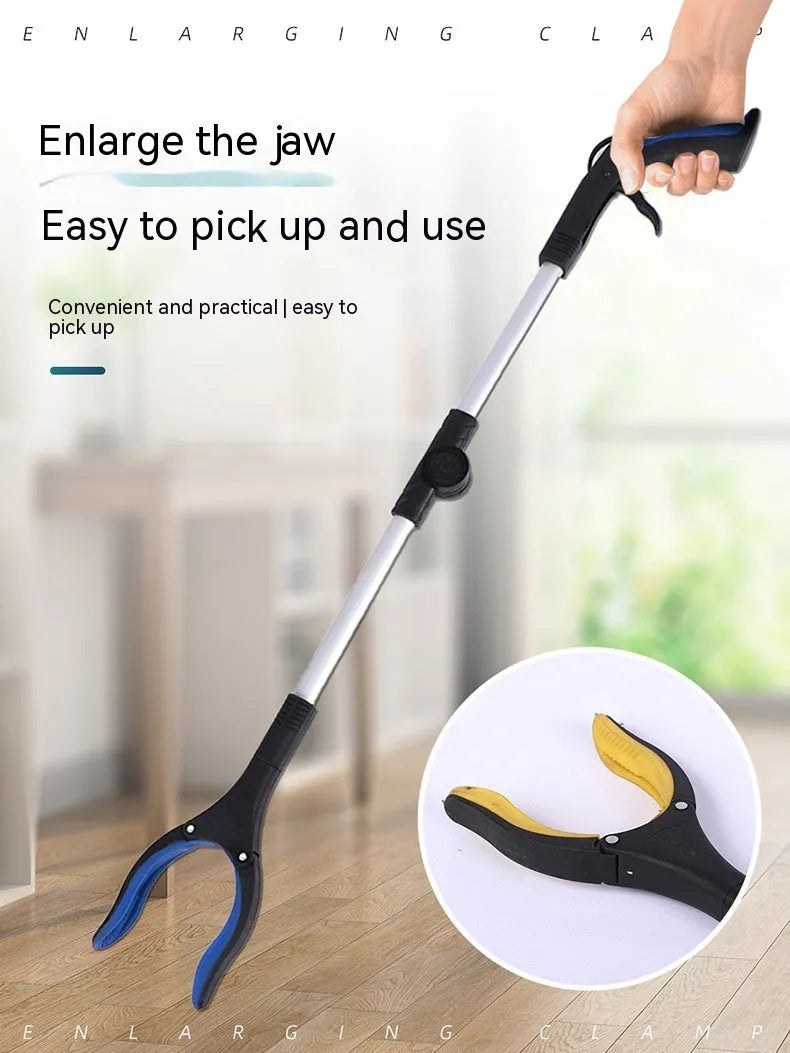 Foldable aluminum alloy garbage clamp with magnet sucker extended and folded showing blue yellow and orange handles