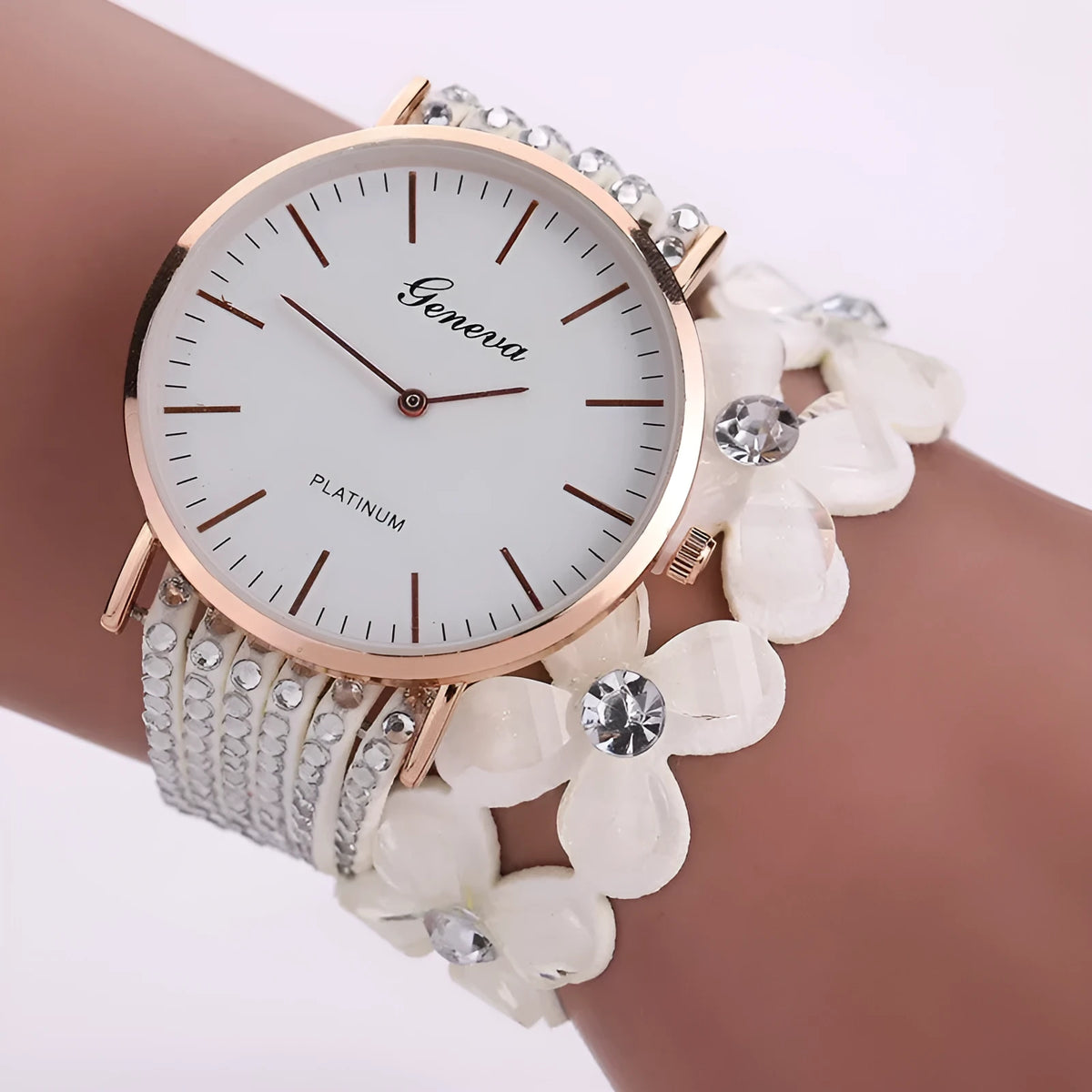 Ladies Geneva flower dial quartz watch with crystal diamond bezel and bracelet strap in black, blue, coffee, red or white