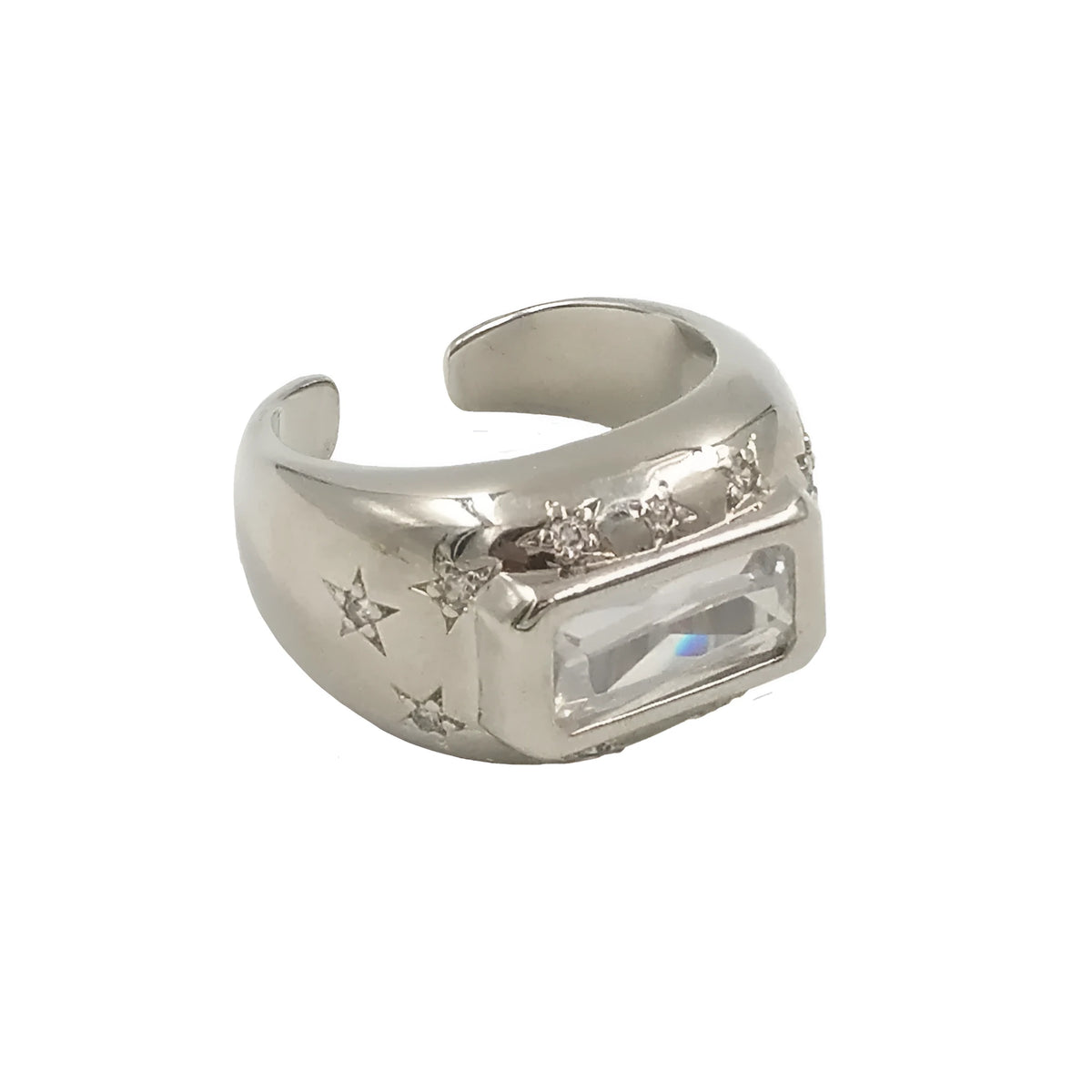 Gold and silver colour copper open ring with rectangular zircon inlay and drop-shaped double ring design