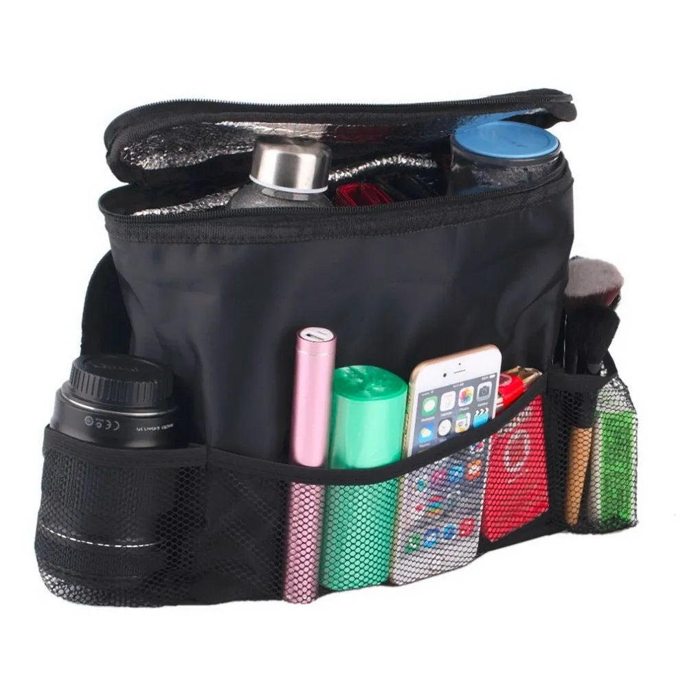 Black nylon universal car seat back organiser multi-pocket storage bag with adjustable straps and tissue holder