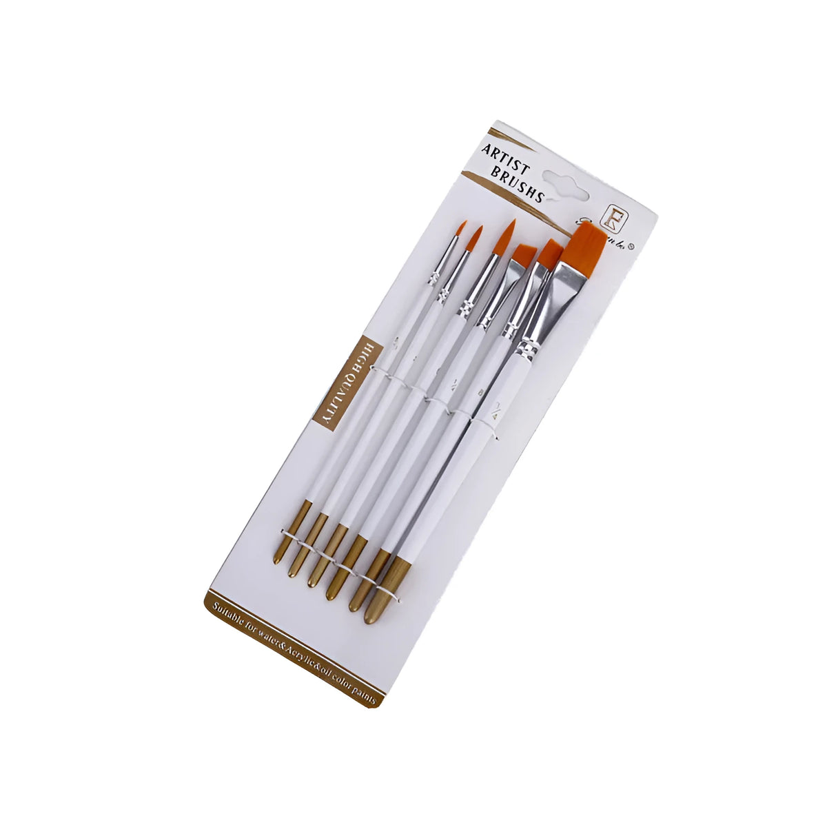 Set of six wooden-handle paint brushes with aluminium ferrules for watercolour and acrylic painting.