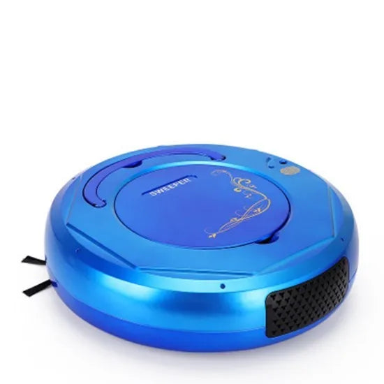 Lazy Smart robot floor sweeper vacuum cleaner in blue colour on a hard tile floor.