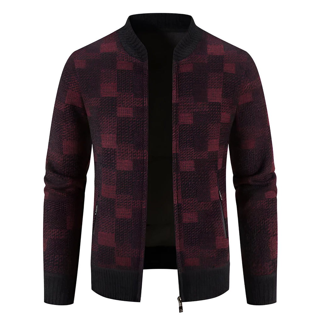 Men's fleece-lined thickened baseball collar plaid knitted cardigan in brown, side view, slim fit