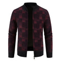 Men's fleece-lined thickened baseball collar plaid knitted cardigan in brown, side view, slim fit
