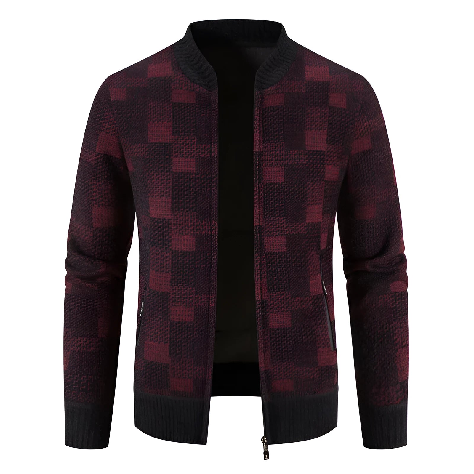 Men's fleece-lined thickened baseball collar plaid knitted cardigan in brown, side view, slim fit