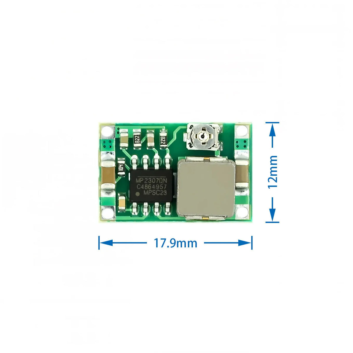 Mini-360 green DC-DC buck converter module measuring 17x11mm with synchronous rectification