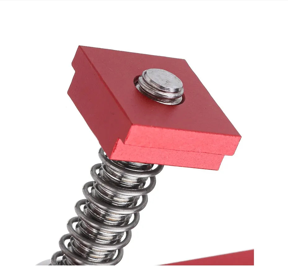 Red aluminium alloy woodworking table block slide holder with flat mouth and 200g weight.